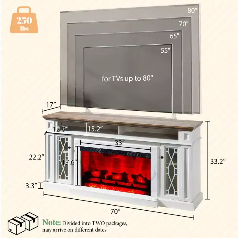 Meuble TV cheminée robuste de style campagnard avec foyer électrique de 33 po, pour téléviseurs jusqu'à 80 po