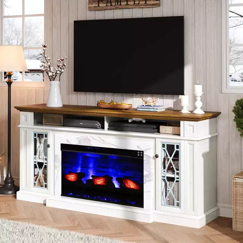 Meuble TV cheminée robuste de style campagnard avec foyer électrique de 33 po, pour téléviseurs jusqu'à 80 po