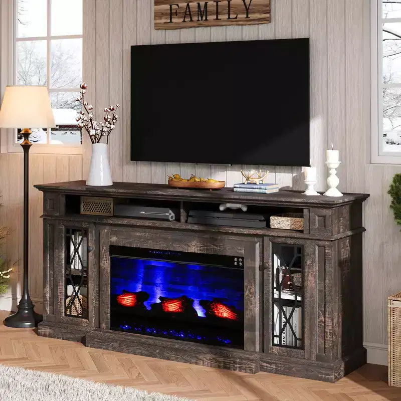 Meuble TV cheminée robuste de style campagnard avec foyer électrique de 33 po, pour téléviseurs jusqu'à 80 po