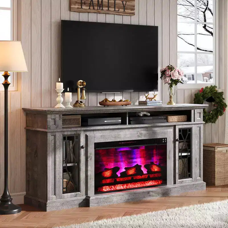 Meuble TV cheminée robuste de style campagnard avec foyer électrique de 33 po, pour téléviseurs jusqu'à 80 po