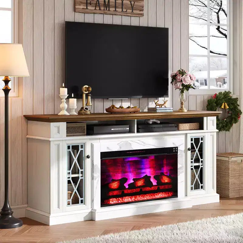 Meuble TV cheminée robuste de style campagnard avec foyer électrique de 33 po, pour téléviseurs jusqu'à 80 po