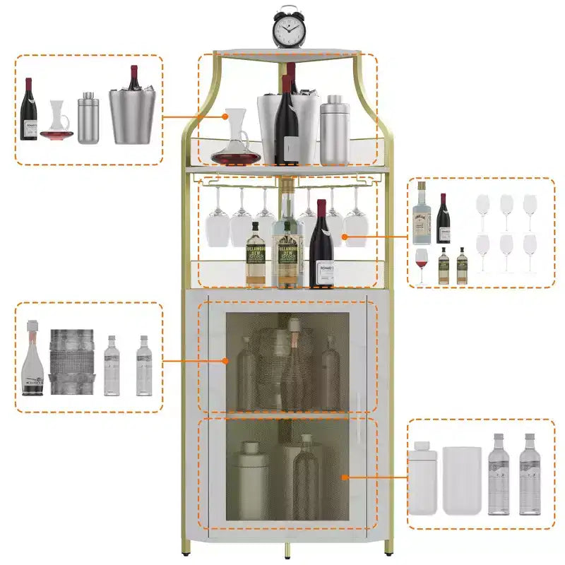 Meuble à Vins, Bar à Vins d'Angle de Style Ferme avec Porte-Bouteilles Amovible et Range-Verres, Unité de Rangement Compacte pour Alcool et Café avec Porte Grillagée