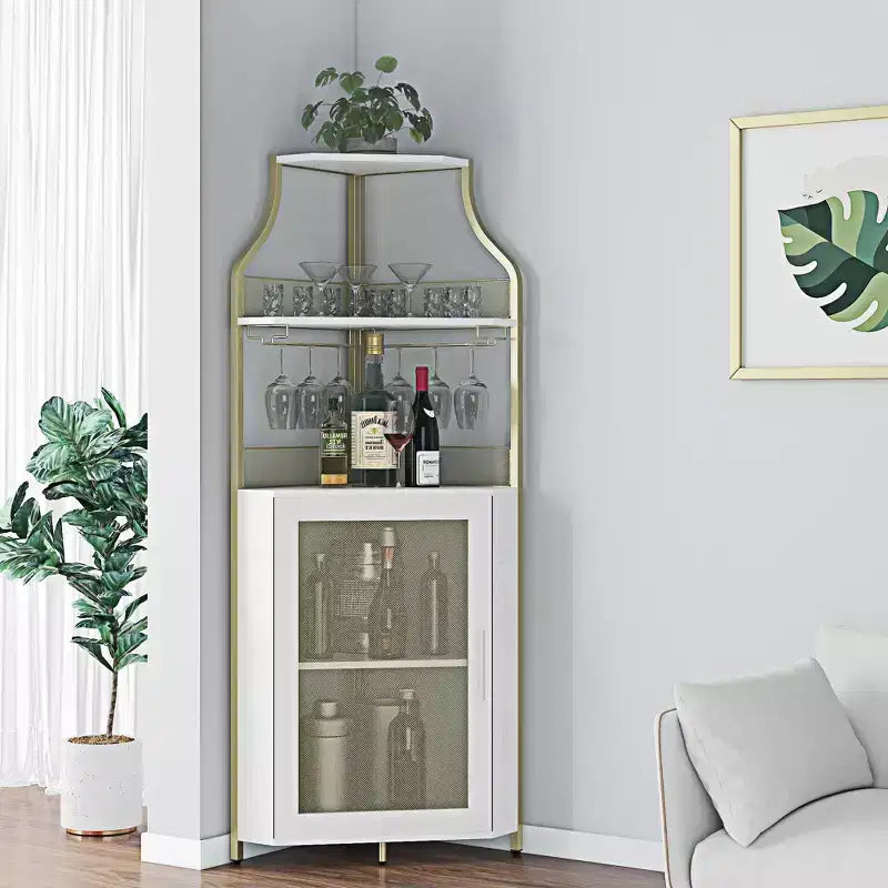 Meuble à Vins, Bar à Vins d'Angle de Style Ferme avec Porte-Bouteilles Amovible et Range-Verres, Unité de Rangement Compacte pour Alcool et Café avec Porte Grillagée