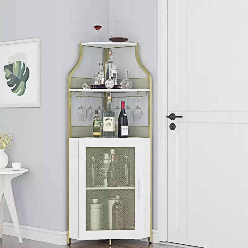 Meuble à Vins, Bar à Vins d'Angle de Style Ferme avec Porte-Bouteilles Amovible et Range-Verres, Unité de Rangement Compacte pour Alcool et Café avec Porte Grillagée