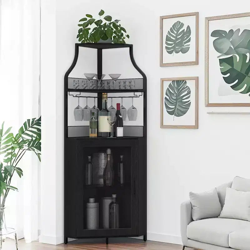 Meuble à Vins, Bar à Vins d'Angle de Style Ferme avec Porte-Bouteilles Amovible et Range-Verres, Unité de Rangement Compacte pour Alcool et Café avec Porte Grillagée