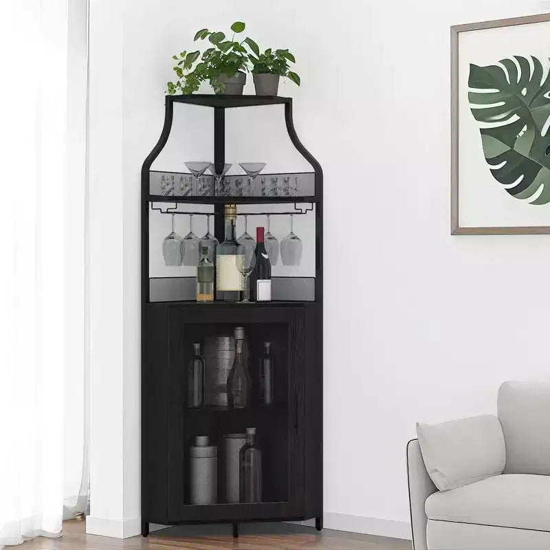 Meuble à Vins, Bar à Vins d'Angle de Style Ferme avec Porte-Bouteilles Amovible et Range-Verres, Unité de Rangement Compacte pour Alcool et Café avec Porte Grillagée