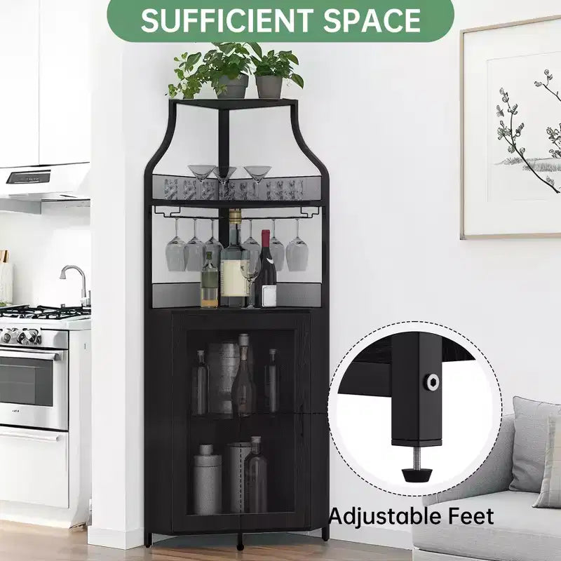 Meuble à Vins, Bar à Vins d'Angle de Style Ferme avec Porte-Bouteilles Amovible et Range-Verres, Unité de Rangement Compacte pour Alcool et Café avec Porte Grillagée