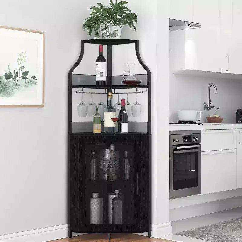 Meuble à Vins, Bar à Vins d'Angle de Style Ferme avec Porte-Bouteilles Amovible et Range-Verres, Unité de Rangement Compacte pour Alcool et Café avec Porte Grillagée
