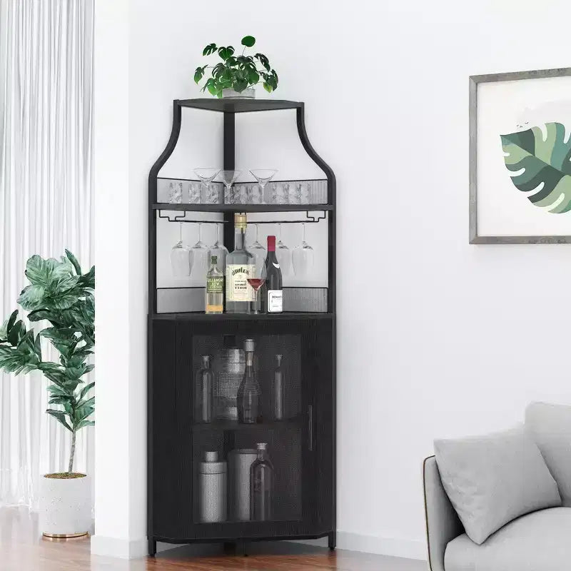 Meuble à Vins, Bar à Vins d'Angle de Style Ferme avec Porte-Bouteilles Amovible et Range-Verres, Unité de Rangement Compacte pour Alcool et Café avec Porte Grillagée