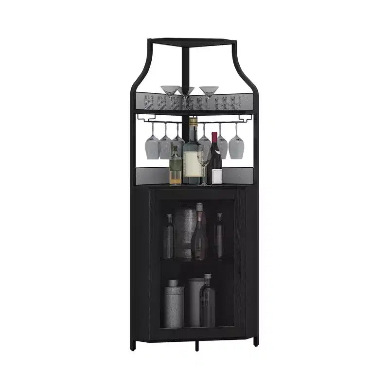 Meuble à Vins, Bar à Vins d'Angle de Style Ferme avec Porte-Bouteilles Amovible et Range-Verres, Unité de Rangement Compacte pour Alcool et Café avec Porte Grillagée