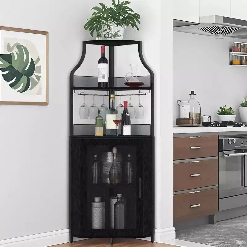 Wine Cabinet, Corner Farmhouse Wine Bar with Removable Rack & Glass Holder, Compact Liquor Coffee Storage Unit with Mesh Door