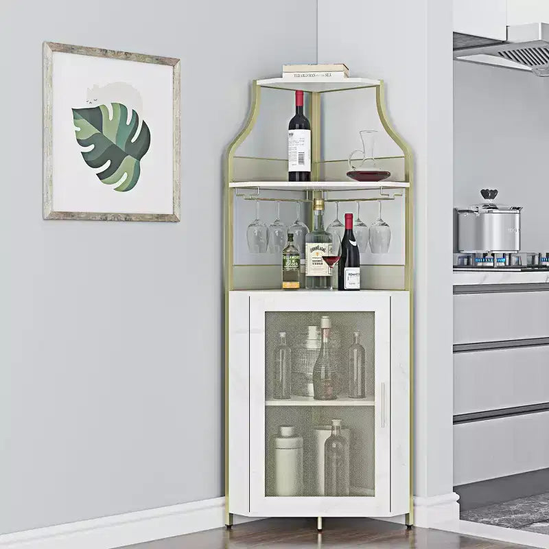Meuble à Vins, Bar à Vins d'Angle de Style Ferme avec Porte-Bouteilles Amovible et Range-Verres, Unité de Rangement Compacte pour Alcool et Café avec Porte Grillagée