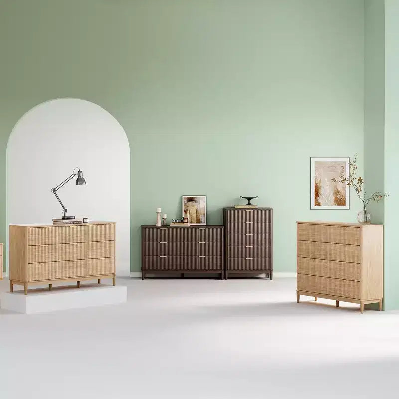 Commode à 9 tiroirs cannelés pour chambre à coucher, grande commode de style moderne du milieu du siècle avec poignées en métal doré, larges commodes en bois de style bohème