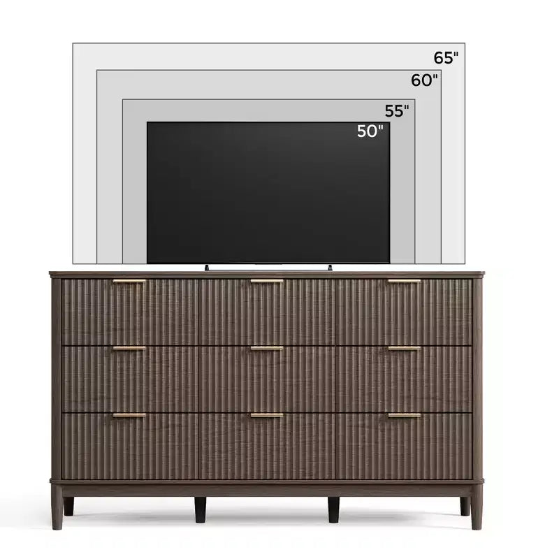 Commode à 9 tiroirs cannelés pour chambre à coucher, grande commode de style moderne du milieu du siècle avec poignées en métal doré, larges commodes en bois de style bohème