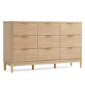 LINSY HOME Fluted 9 Drawer Dresser for Bedroom, Mid Century Modern Large Chest of Drawers with Gold Metal Handles, Wide Boho Wood Dressers