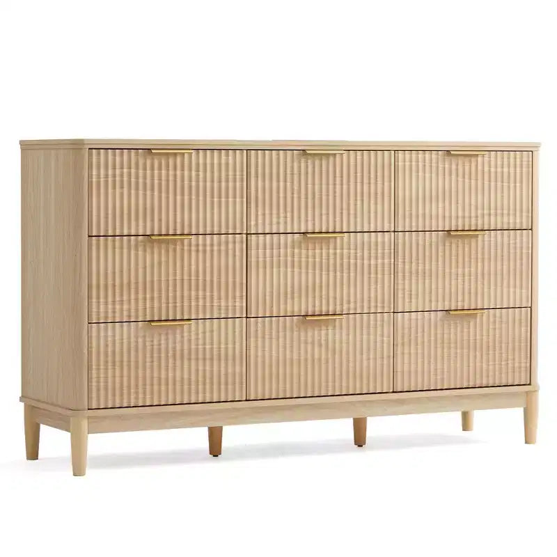 LINSY HOME Fluted 9 Drawer Dresser for Bedroom, Mid Century Modern Large Chest of Drawers with Gold Metal Handles, Wide Boho Wood Dressers
