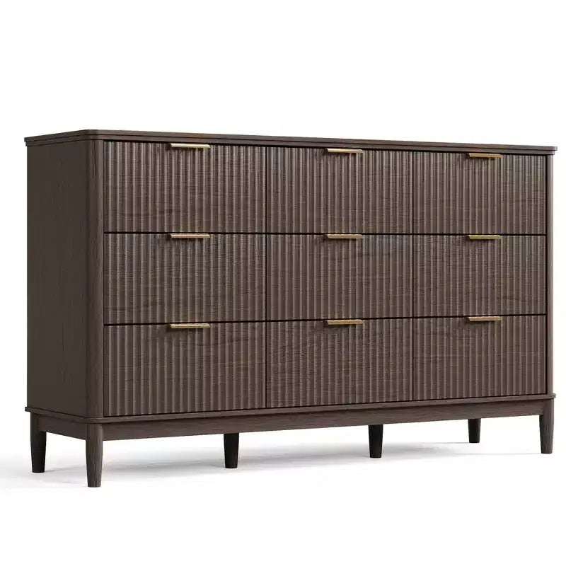 Commode à 9 tiroirs cannelés pour chambre à coucher, grande commode de style moderne du milieu du siècle avec poignées en métal doré, larges commodes en bois de style bohème