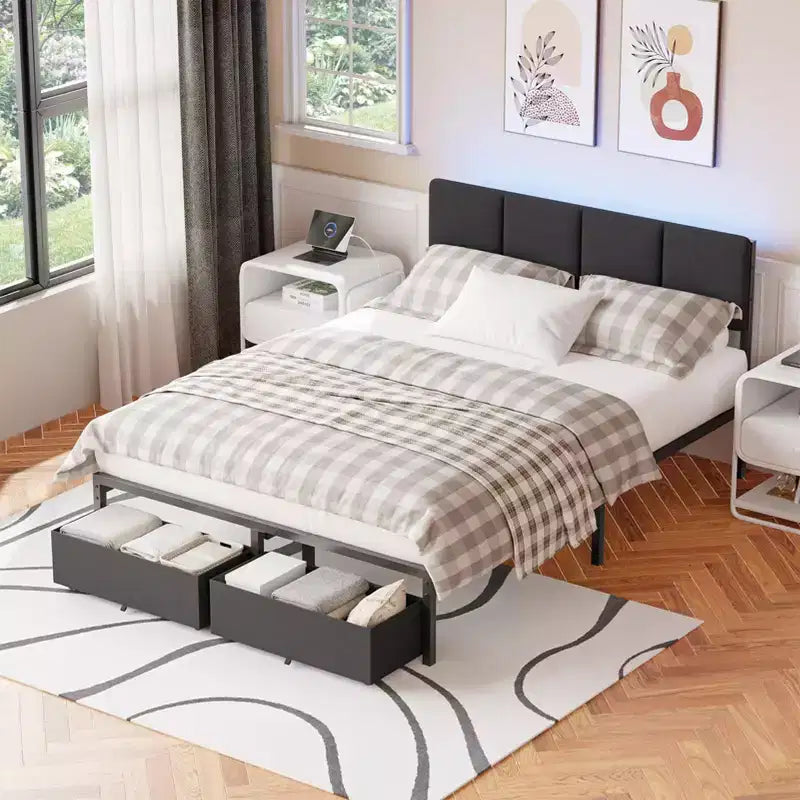 Cadre de lit double rembourré avec lumières LED, station de recharge, 2 tiroirs de rangement, plateforme de lit, pas besoin de sommier tapissier, meubles de chambre modernes.