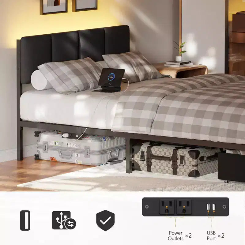 Cadre de lit double rembourré avec lumières LED, station de recharge, 2 tiroirs de rangement, plateforme de lit, pas besoin de sommier tapissier, meubles de chambre modernes.