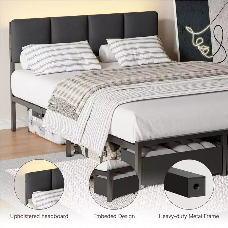 Cadre de lit double rembourré avec lumières LED, station de recharge, 2 tiroirs de rangement, plateforme de lit, pas besoin de sommier tapissier, meubles de chambre modernes.