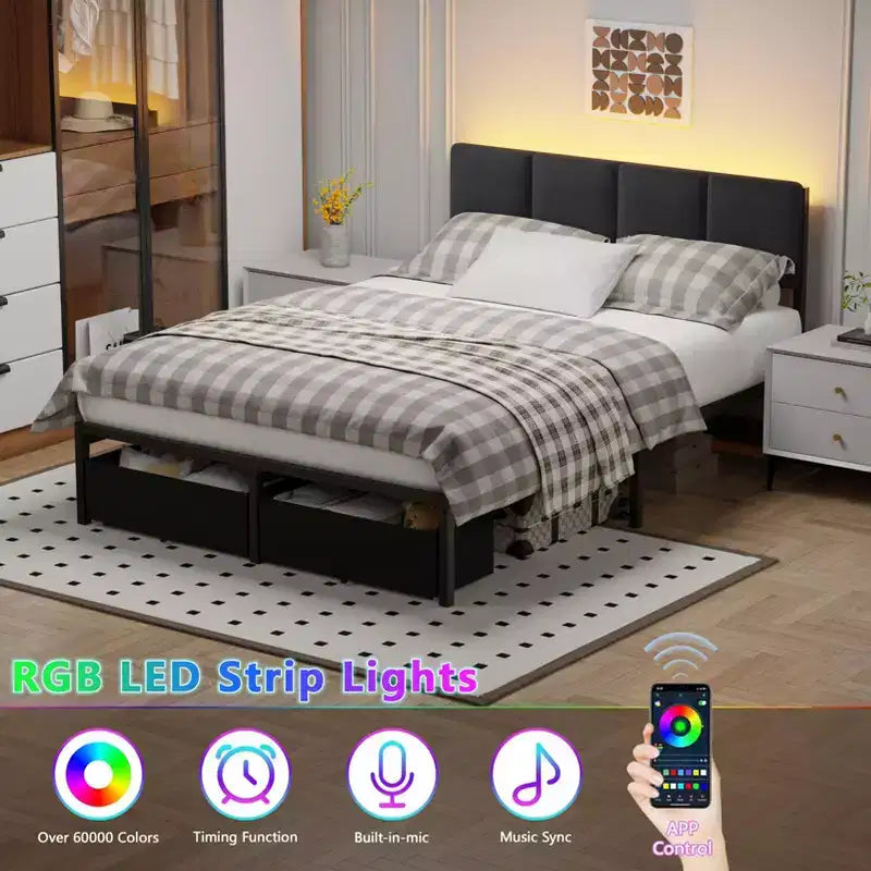 Cadre de lit double rembourré avec lumières LED, station de recharge, 2 tiroirs de rangement, plateforme de lit, pas besoin de sommier tapissier, meubles de chambre modernes.