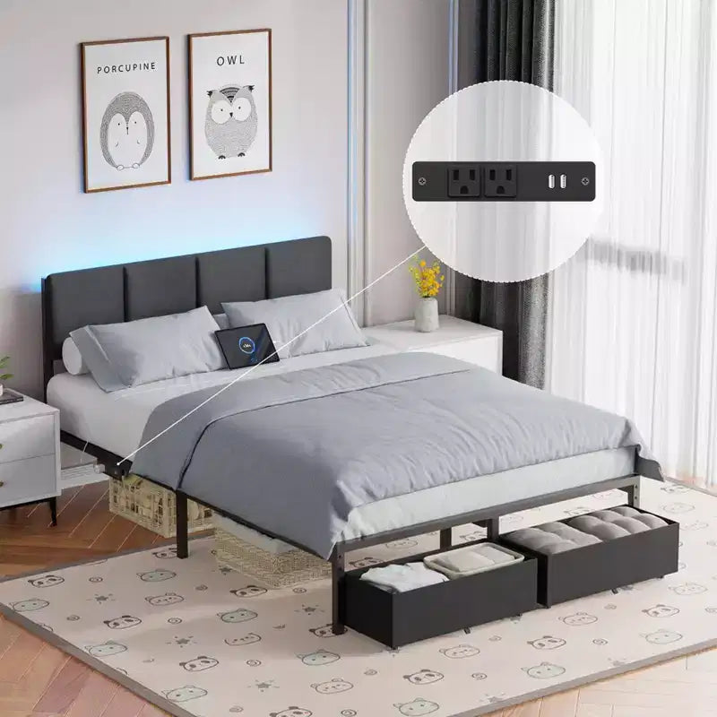 Cadre de lit double rembourré avec lumières LED, station de recharge, 2 tiroirs de rangement, plateforme de lit, pas besoin de sommier tapissier, meubles de chambre modernes.