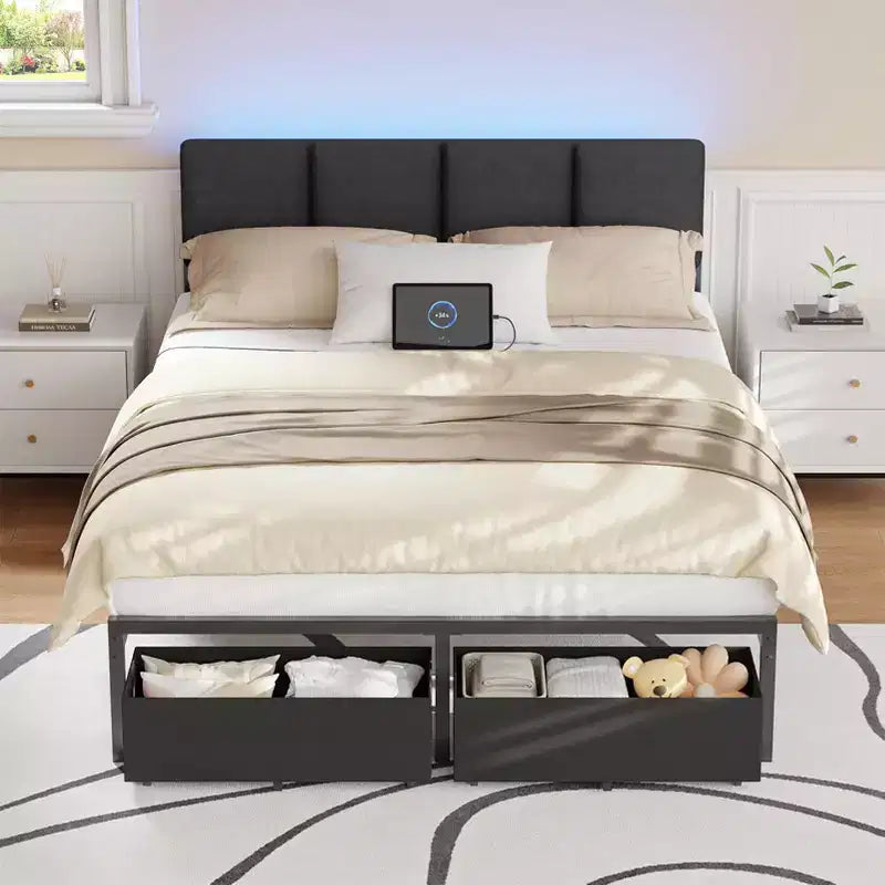 Cadre de lit double rembourré avec lumières LED, station de recharge, 2 tiroirs de rangement, plateforme de lit, pas besoin de sommier tapissier, meubles de chambre modernes.