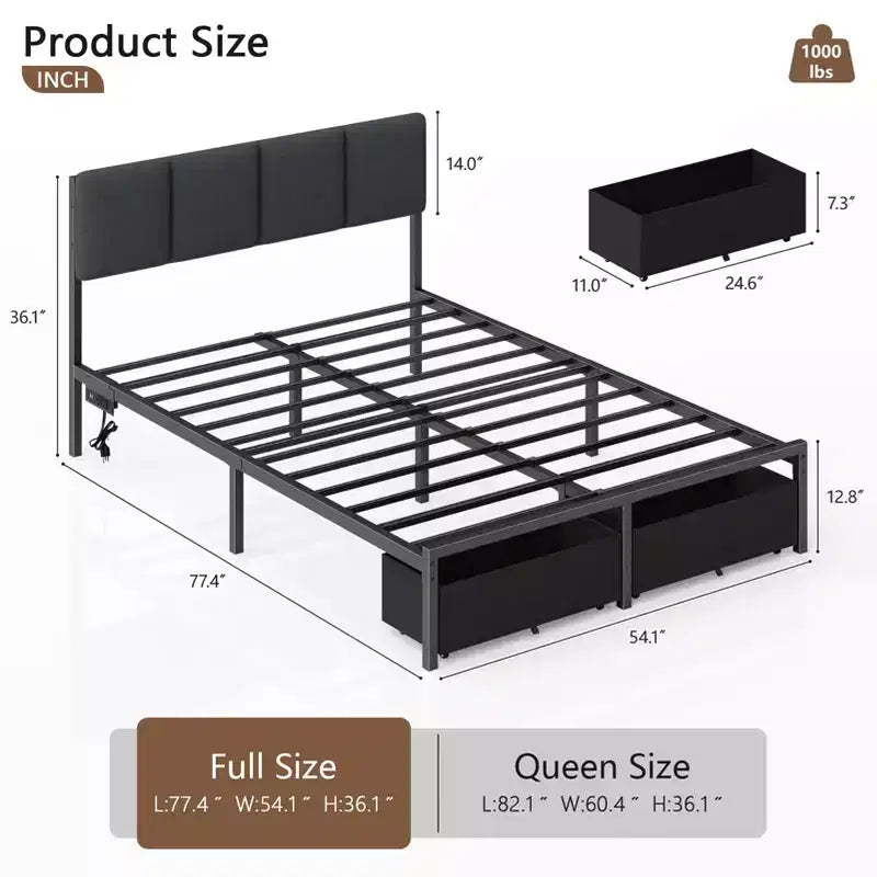 Cadre de lit double rembourré avec lumières LED, station de recharge, 2 tiroirs de rangement, plateforme de lit, pas besoin de sommier tapissier, meubles de chambre modernes.