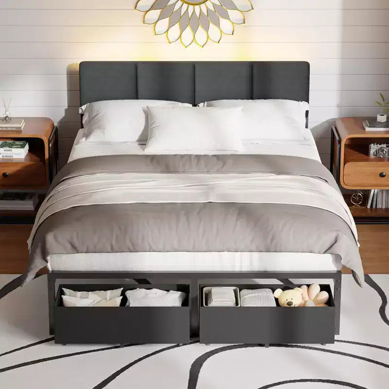 Cadre de lit double rembourré avec lumières LED, station de recharge, 2 tiroirs de rangement, plateforme de lit, pas besoin de sommier tapissier, meubles de chambre modernes.