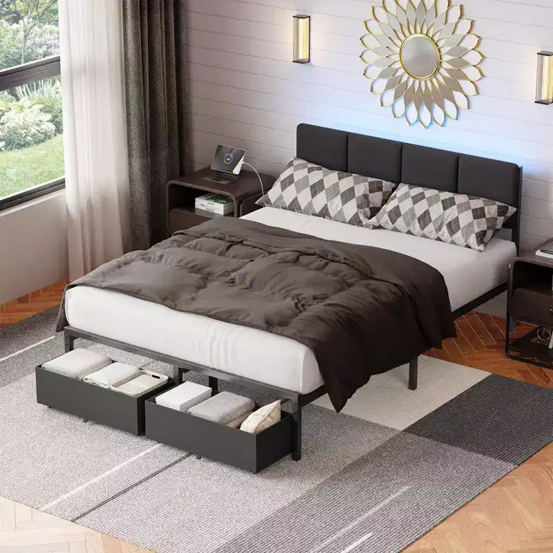 Cadre de lit double rembourré avec lumières LED, station de recharge, 2 tiroirs de rangement, plateforme de lit, pas besoin de sommier tapissier, meubles de chambre modernes.