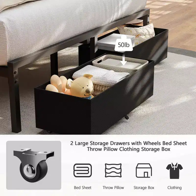 Cadre de lit double rembourré avec lumières LED, station de recharge, 2 tiroirs de rangement, plateforme de lit, pas besoin de sommier tapissier, meubles de chambre modernes.
