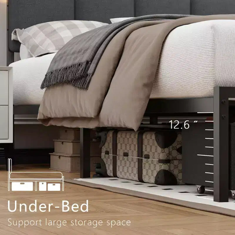Cadre de lit double rembourré avec lumières LED, station de recharge, 2 tiroirs de rangement, plateforme de lit, pas besoin de sommier tapissier, meubles de chambre modernes.
