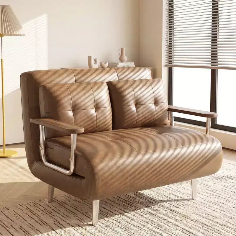 Modern Convertible Faux Leather Sleeper Sofa, Fold-Out Loveseat Bed with Wood Armrests Gaoyangjiaju