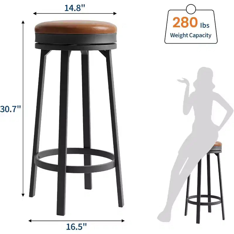 Lot de 2 tabourets de bar sans dossier pivotants de 76 cm, tabourets de cuisine hauteur comptoir avec repose-pieds, siège en cuir PU imperméable pour îlot de cuisine et bar à domicile