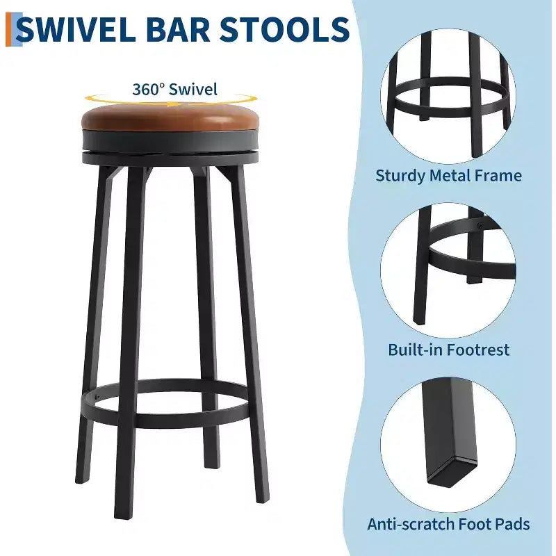 Lot de 2 tabourets de bar sans dossier pivotants de 76 cm, tabourets de cuisine hauteur comptoir avec repose-pieds, siège en cuir PU imperméable pour îlot de cuisine et bar à domicile