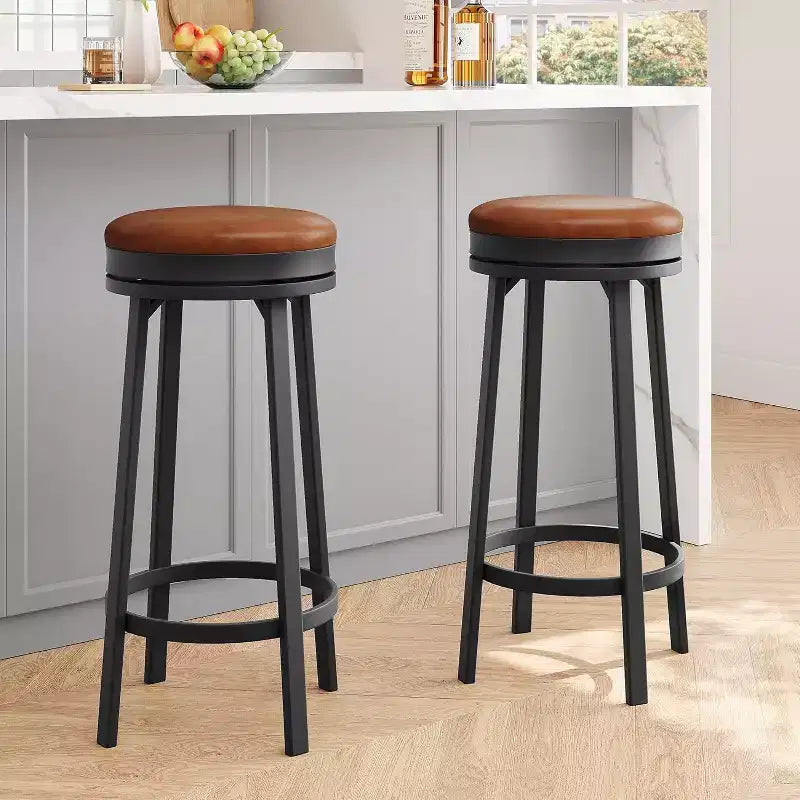 Lot de 2 tabourets de bar sans dossier pivotants de 76 cm, tabourets de cuisine hauteur comptoir avec repose-pieds, siège en cuir PU imperméable pour îlot de cuisine et bar à domicile