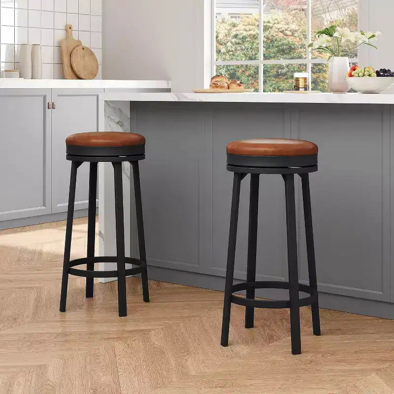 Lot de 2 tabourets de bar sans dossier pivotants de 76 cm, tabourets de cuisine hauteur comptoir avec repose-pieds, siège en cuir PU imperméable pour îlot de cuisine et bar à domicile
