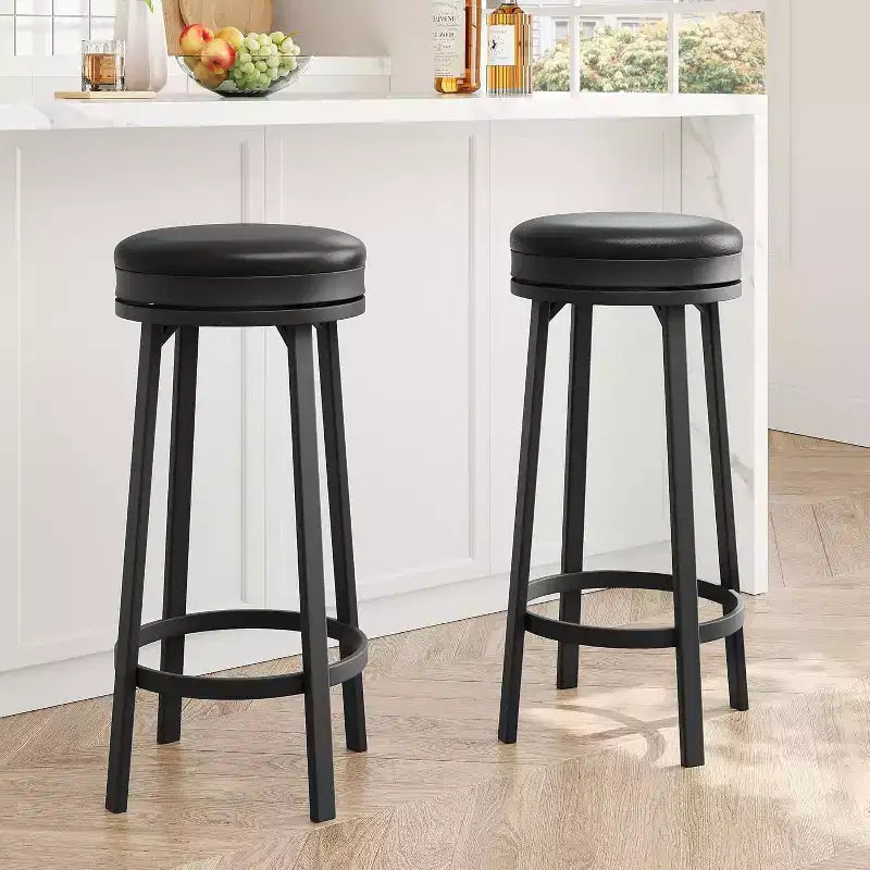 Lot de 2 tabourets de bar sans dossier pivotants de 76 cm, tabourets de cuisine hauteur comptoir avec repose-pieds, siège en cuir PU imperméable pour îlot de cuisine et bar à domicile