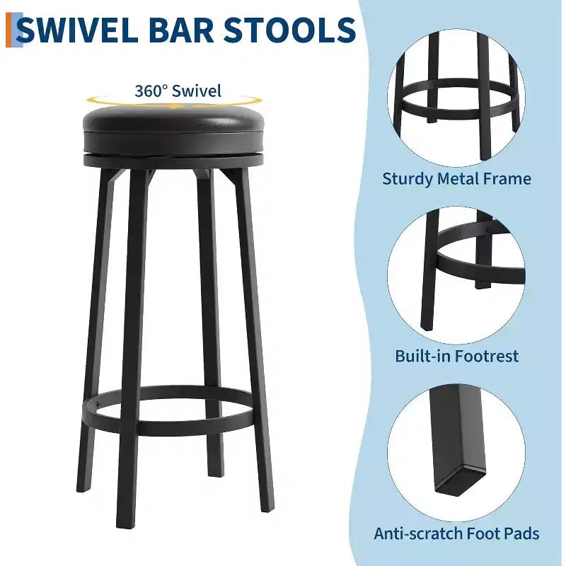 Lot de 2 tabourets de bar sans dossier pivotants de 76 cm, tabourets de cuisine hauteur comptoir avec repose-pieds, siège en cuir PU imperméable pour îlot de cuisine et bar à domicile