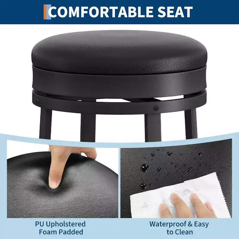 Lot de 2 tabourets de bar sans dossier pivotants de 76 cm, tabourets de cuisine hauteur comptoir avec repose-pieds, siège en cuir PU imperméable pour îlot de cuisine et bar à domicile