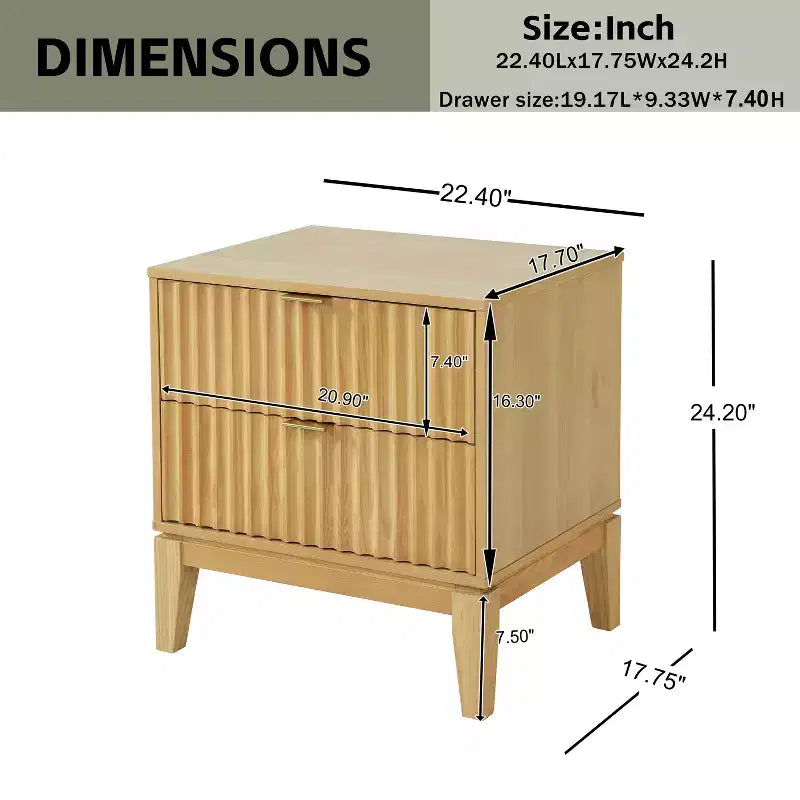 Table de chevet moderne en bois cannelé avec 2 tiroirs