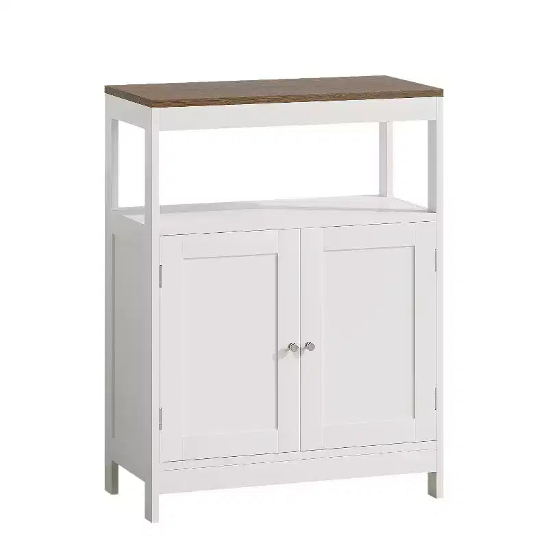 Meuble de rangement moderne avec double portes, organisateur de salle de bain autoportant avec étagère réglable et plateau en bois pour cuisine, entrée, blanc