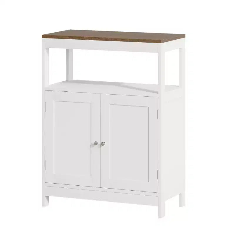 Meuble de rangement moderne avec double portes, organisateur de salle de bain autoportant avec étagère réglable et plateau en bois pour cuisine, entrée, blanc