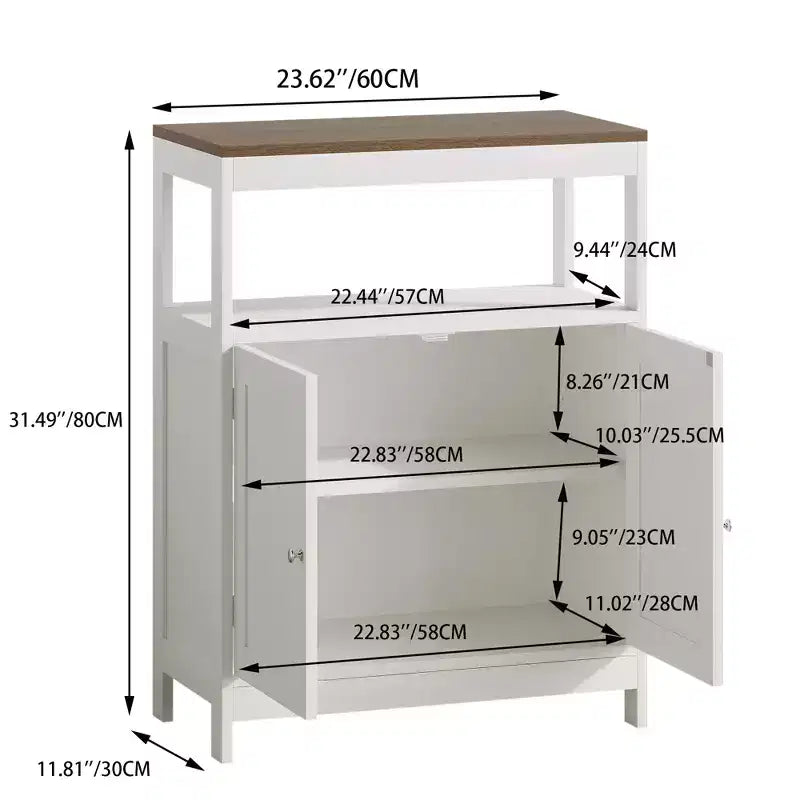 Meuble de rangement moderne avec double portes, organisateur de salle de bain autoportant avec étagère réglable et plateau en bois pour cuisine, entrée, blanc