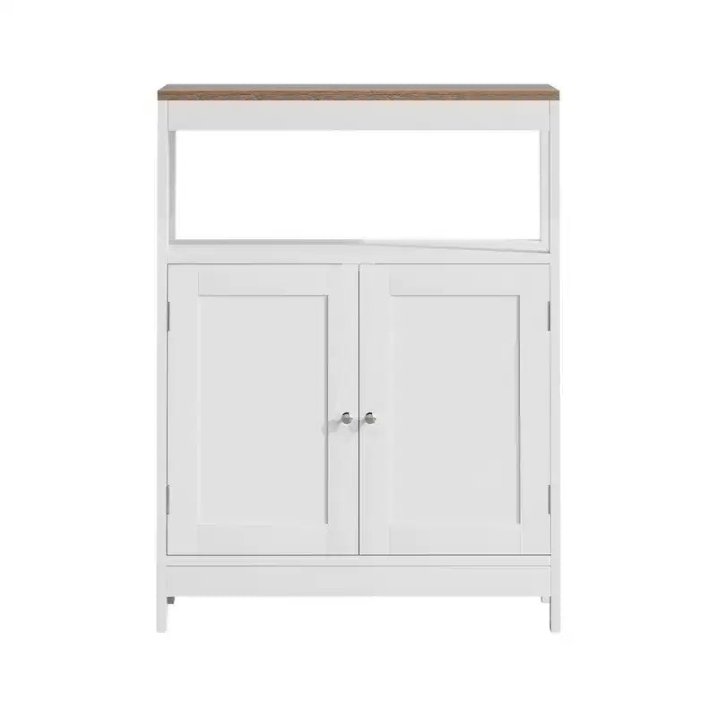 Meuble de rangement moderne avec double portes, organisateur de salle de bain autoportant avec étagère réglable et plateau en bois pour cuisine, entrée, blanc