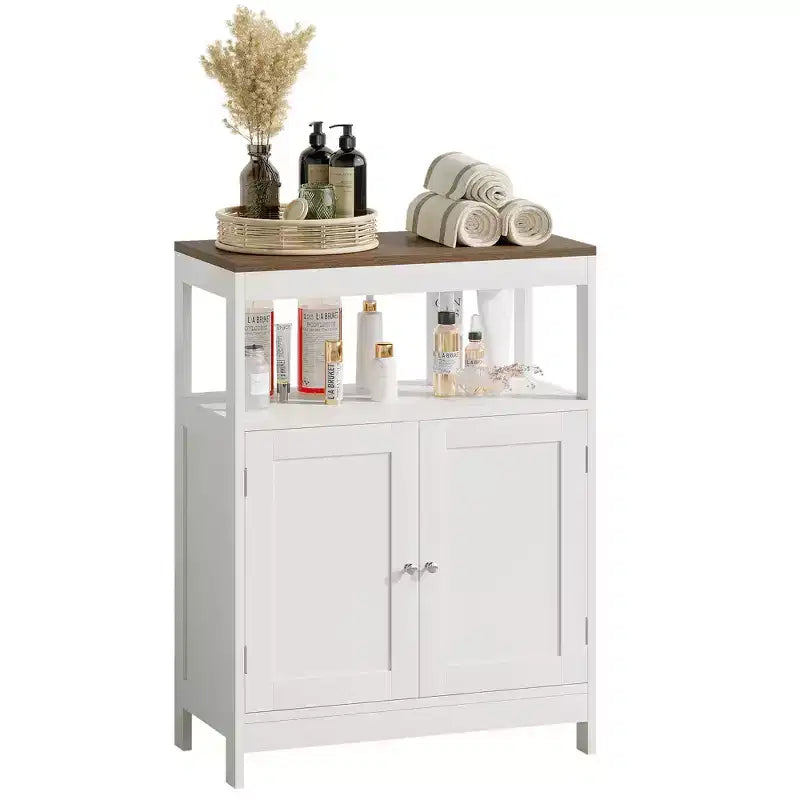 Meuble de rangement moderne avec double portes, organisateur de salle de bain autoportant avec étagère réglable et plateau en bois pour cuisine, entrée, blanc