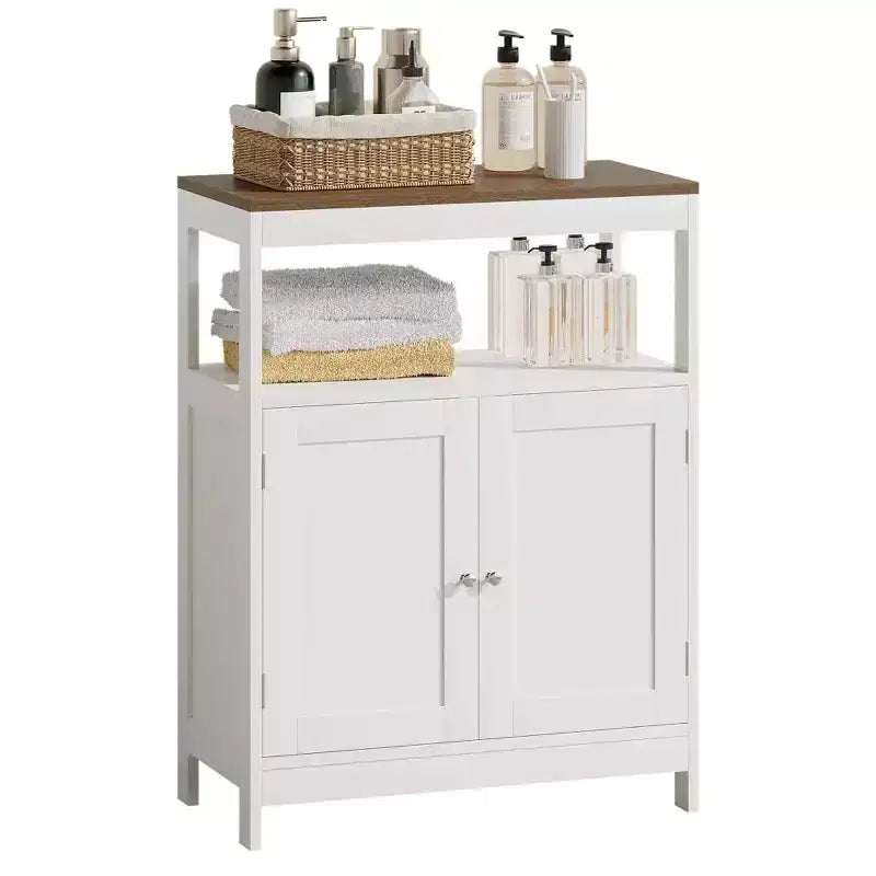 Meuble de rangement moderne avec double portes, organisateur de salle de bain autoportant avec étagère réglable et plateau en bois pour cuisine, entrée, blanc