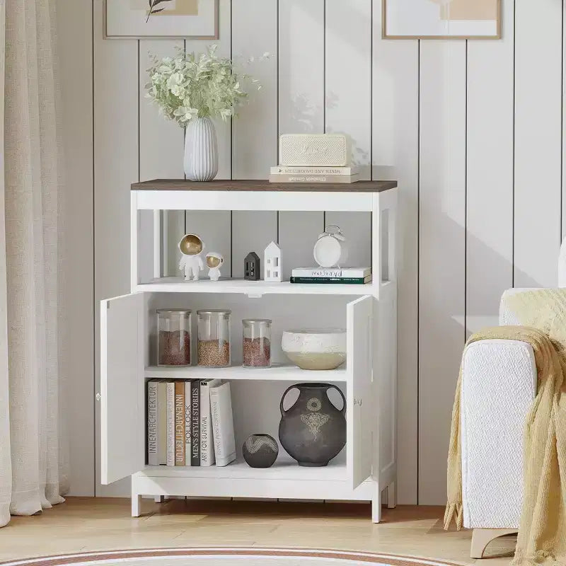 Meuble de rangement moderne avec double portes, organisateur de salle de bain autoportant avec étagère réglable et plateau en bois pour cuisine, entrée, blanc