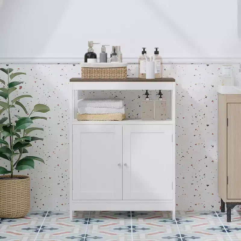 Meuble de rangement moderne avec double portes, organisateur de salle de bain autoportant avec étagère réglable et plateau en bois pour cuisine, entrée, blanc