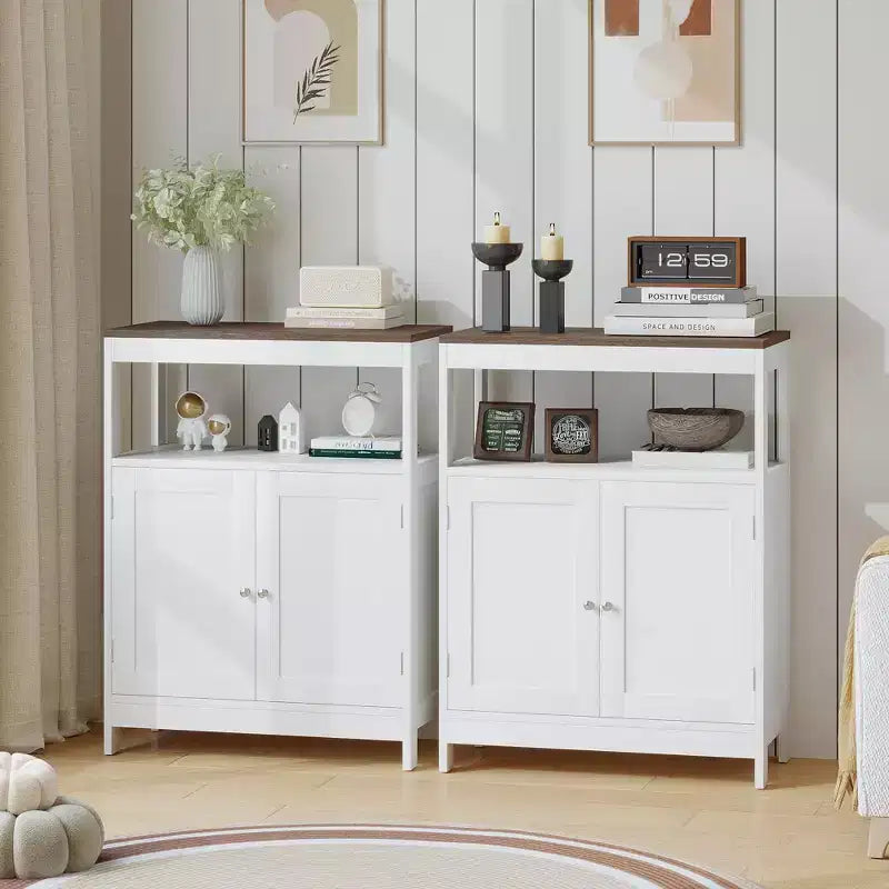 Meuble de rangement moderne avec double portes, organisateur de salle de bain autoportant avec étagère réglable et plateau en bois pour cuisine, entrée, blanc